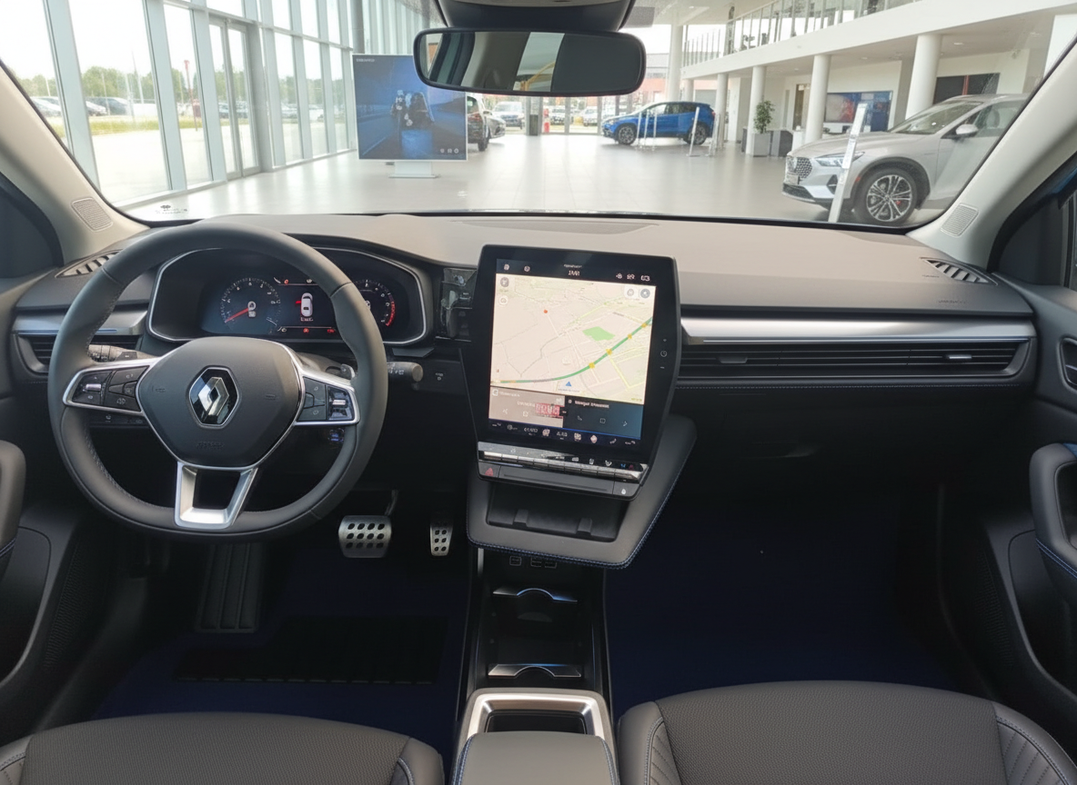 Renault Innenraum mit großem Touchscreen-Navigationssystem und Ledersitze in Autohaus