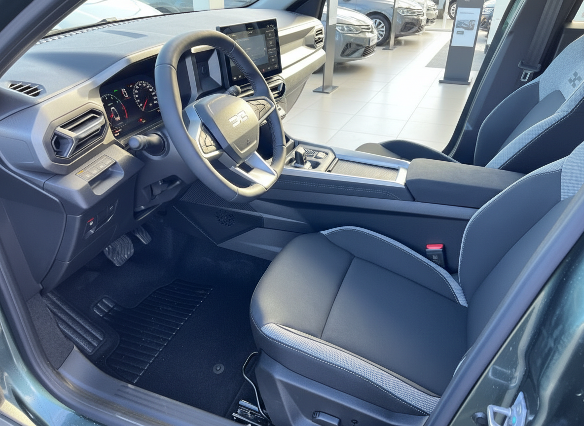 Fahrzeug Innenraum mit modernem Cockpit, Ledersitze und digitalem Display in grauem Design