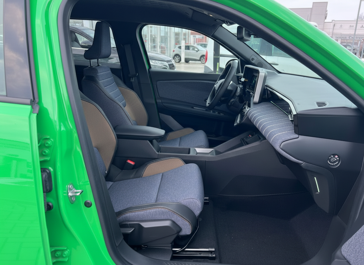 Grüner VW ID.3 Innenraum mit blauen Stoff-Sportsitzen und Touchscreen-Cockpit