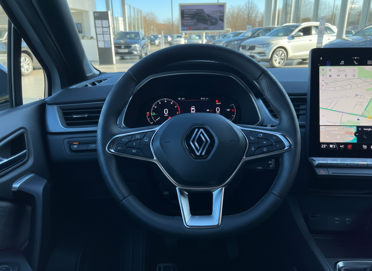 Renault Innenraum mit Lenkrad, Digitalcockpit und Navigationssystem
