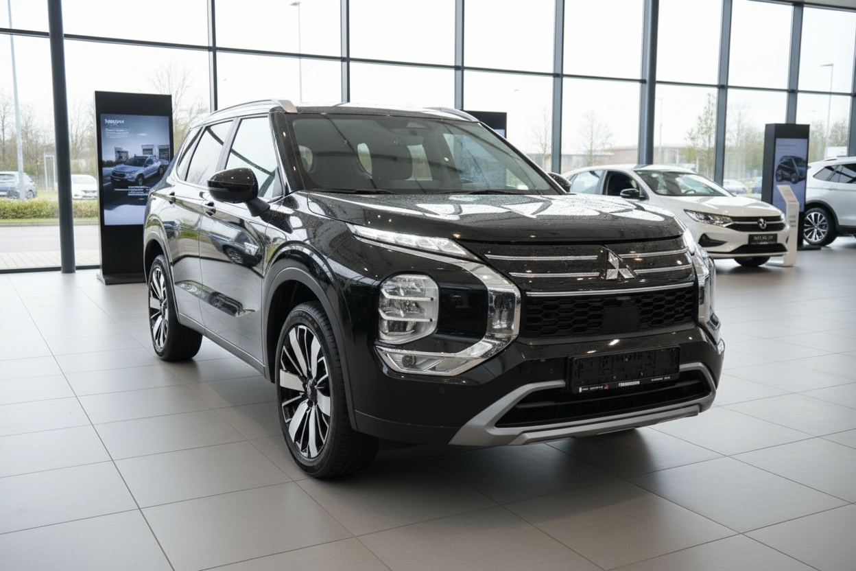 Schwarzer Mitsubishi Outlander SUV im Autohaus Showroom Frontansicht