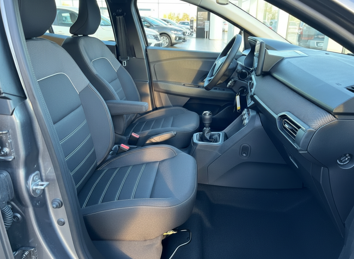 Innenraum Fahrerseite mit Stoffsitzen, Schaltgetriebe und Armaturenbrett eines modernen Fahrzeugs