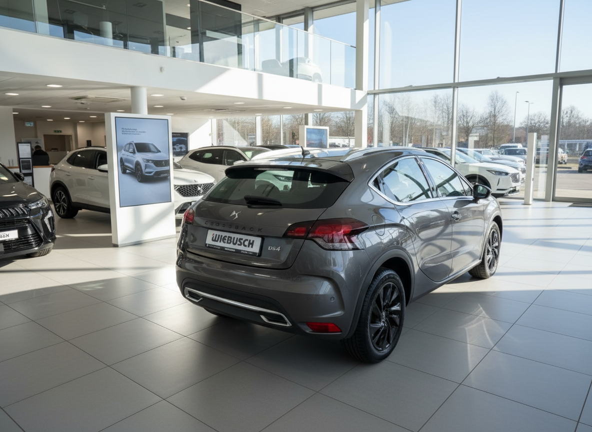 DS4 Crossback in Grau – Heckansicht im Autohaus Wiebusch Showroom