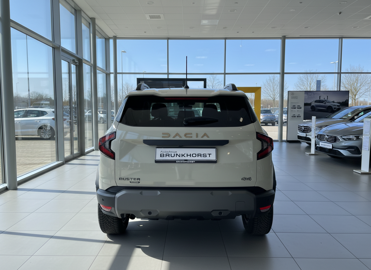 Dacia Duster 4x4 in Weiß – Heckansicht im Autohaus Brunkhorst Showroom