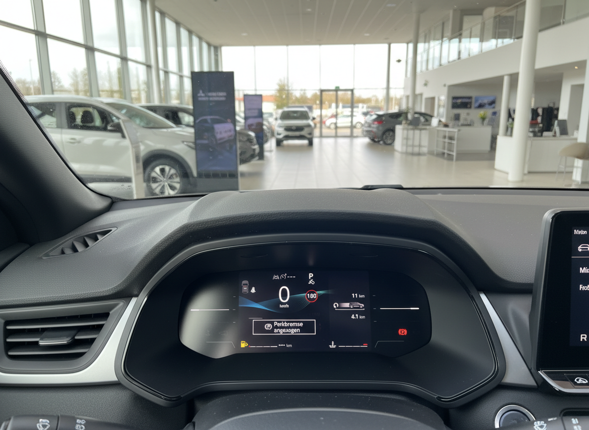 Mitsubishi Fahrzeug Cockpit mit digitalem Tachodisplay im Autohaus Showroom