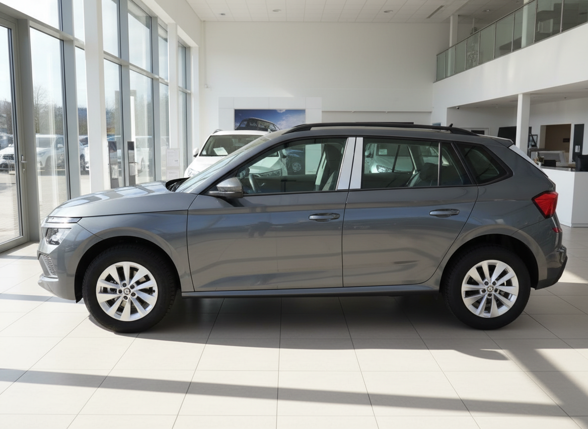 Škoda Kamiq SUV in Grau – Seitenansicht im Autohaus-Showroom