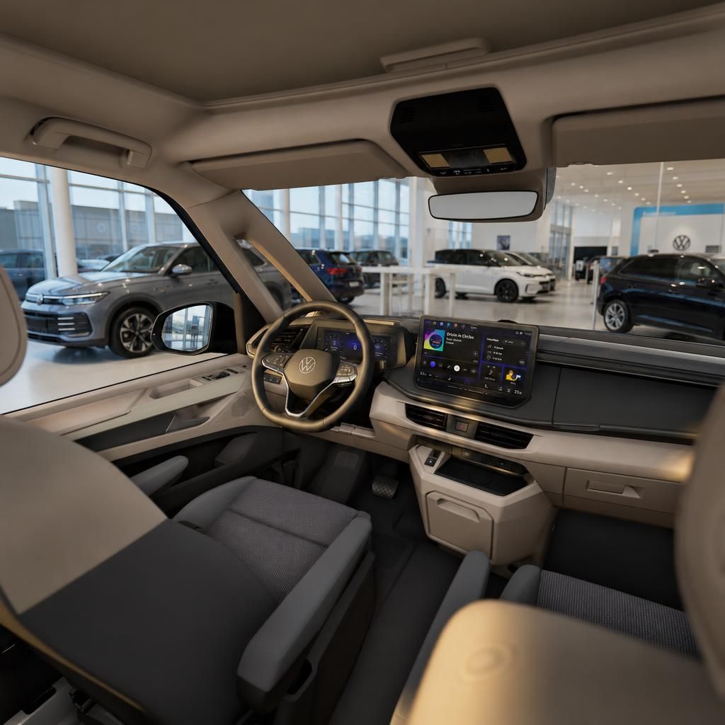 Cockpit und Armaturenbrett eines VW Multivan im Showroom