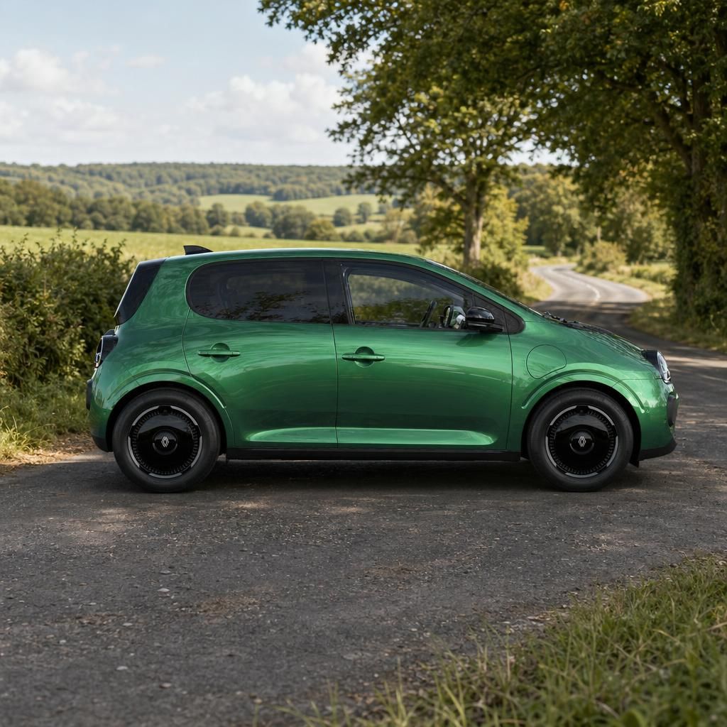 Grüner Renault Kompaktwagen Seitenansicht auf Landstraße mit ländlicher Kulisse