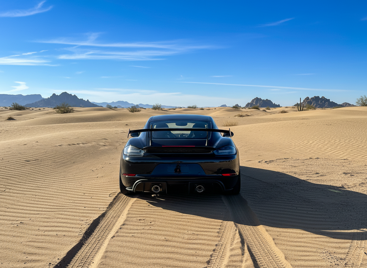 Schwarzer Porsche 718 Cayman GT4 RS Heckansicht mit großem Heckspoiler und Doppelauspuff in modernem Autohaus-Showroom mit roter Wand und Glasfassade