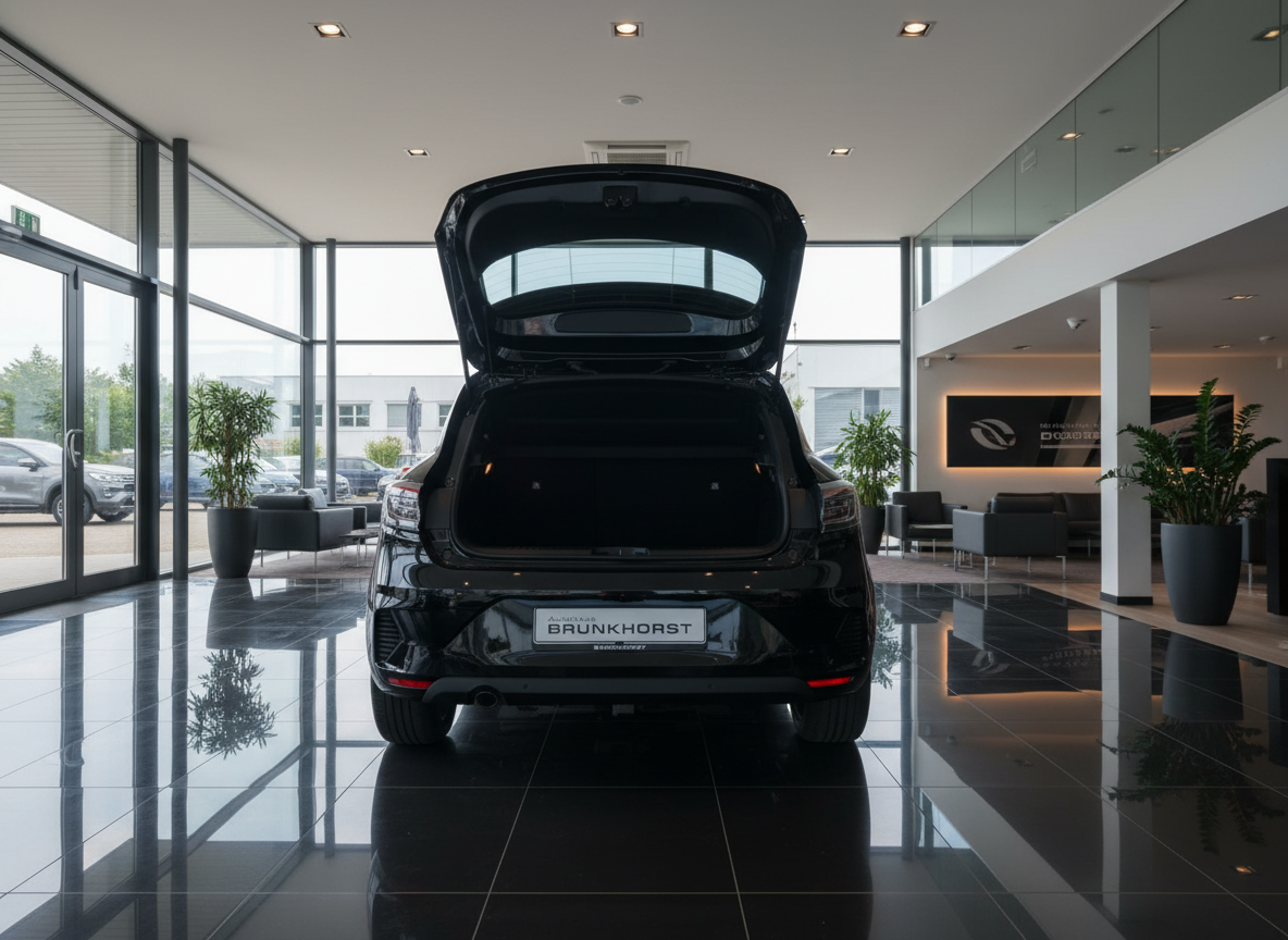 Schwarzer Kompaktwagen mit geöffneter Heckklappe im modernen Autohaus Brunkhorst Showroom mit eleganter LED-Deckenbeleuchtung und Stadtpanorama im Hintergrund