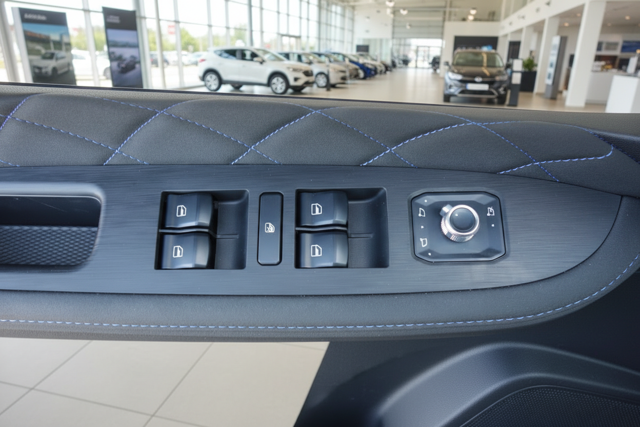 Fahrzeugtür Innenraum mit elektrischen Fensterhebern und Spiegelverstellung, schwarzes Leder mit blauer Ziernaht