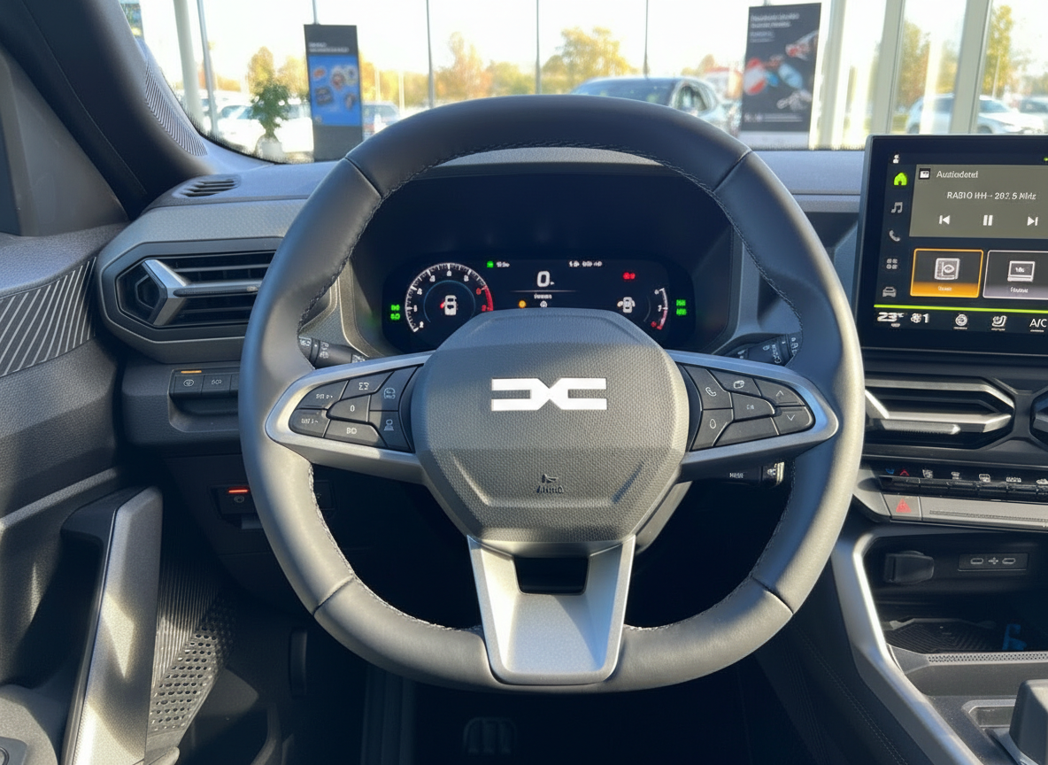 Dacia Innenraum mit Lenkrad, digitalem Cockpit und Touchscreen-Infotainmentsystem