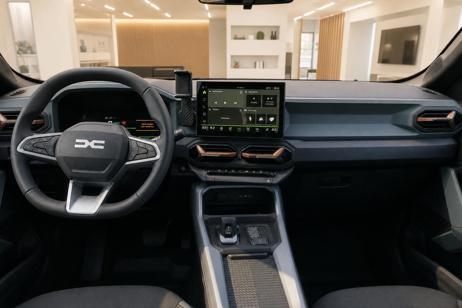 Dacia Bigster Innenraum, Cockpit mit Lenkrad und Touchscreen