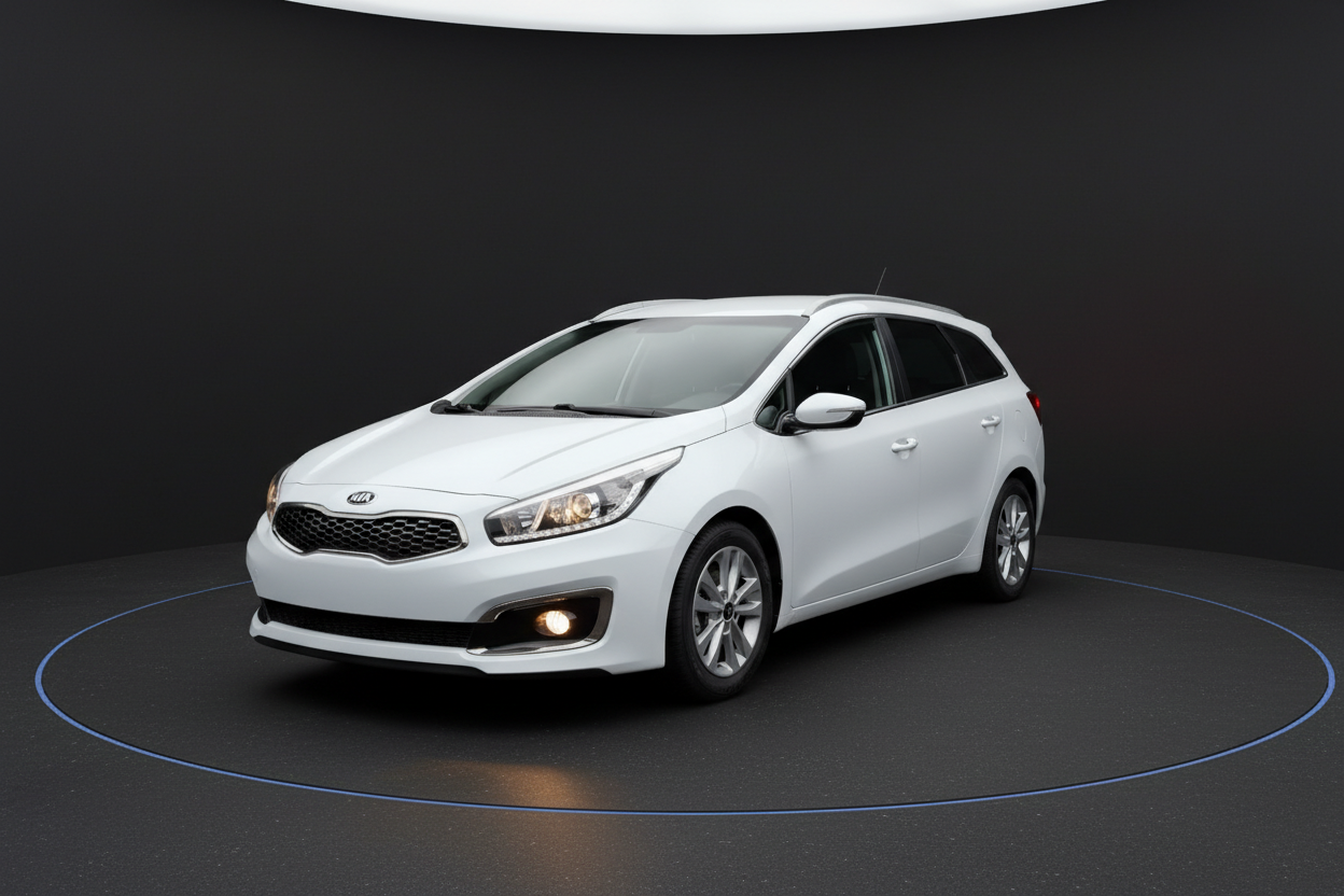 Weißer Kia Ceed SW Kombi Frontansicht in professionellem Studio-Setting