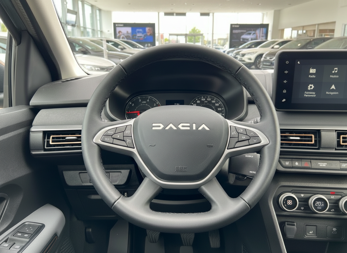 Dacia Innenraum Lenkrad mit Multifunktionstasten und Infotainment-Display im Autohaus