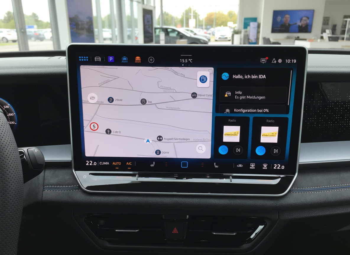 Volkswagen Infotainment-Display mit Navigationskarte und IDA-Sprachassistent im Fahrzeuginnenraum