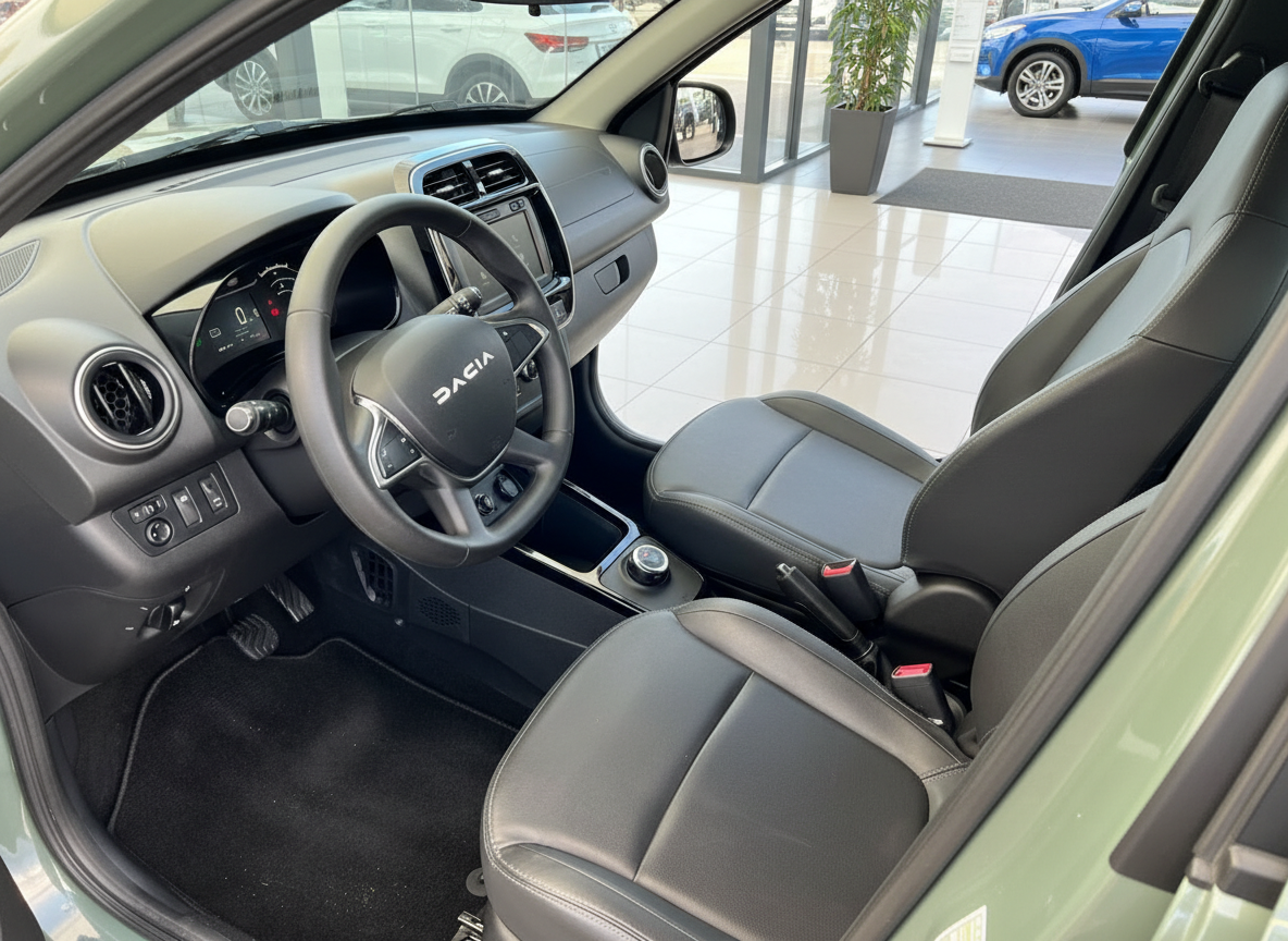 Dacia Innenraum mit Lenkrad, digitalem Cockpit und schwarzen Ledersitzen im Autohaus