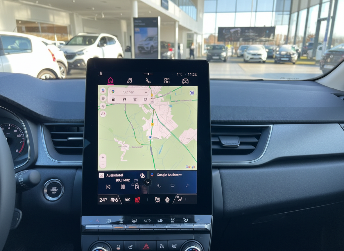 Renault Innenraum mit großem Touchscreen-Infotainmentsystem und Google Maps Navigation im Autohaus