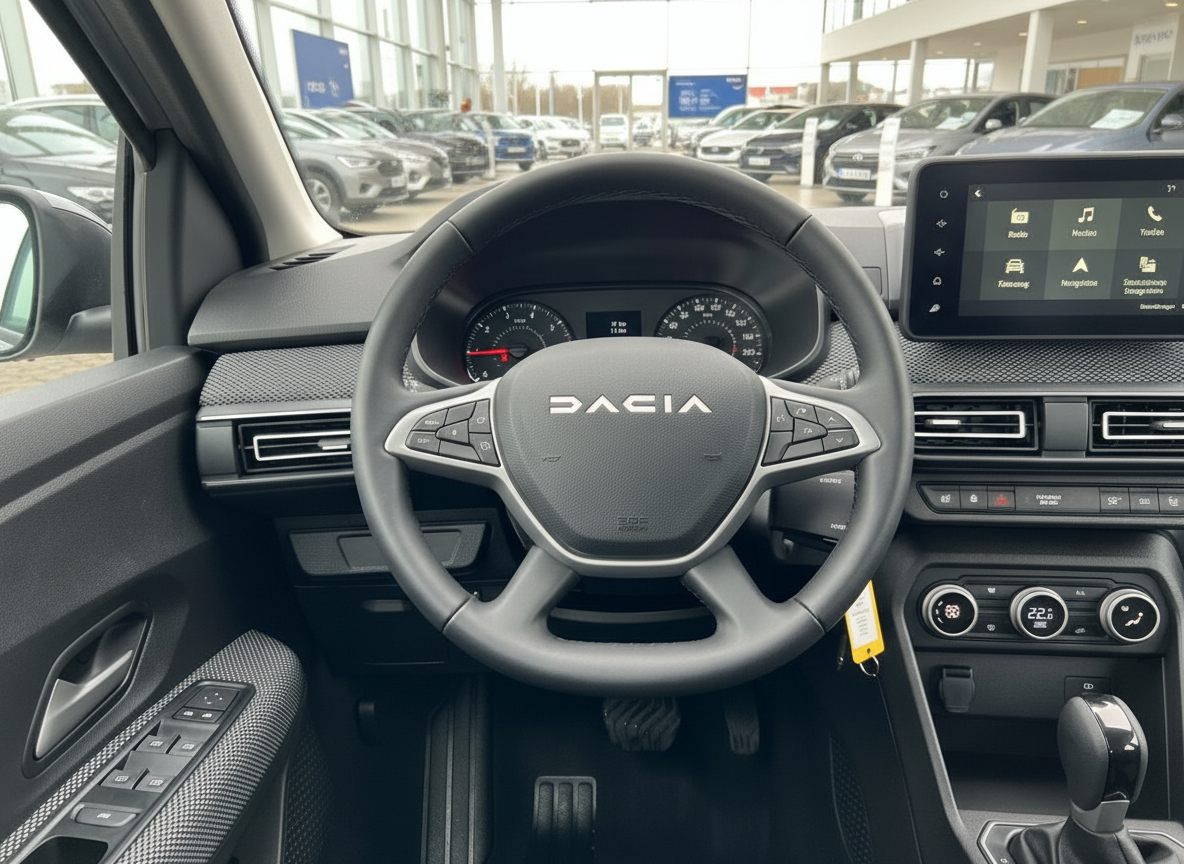 Dacia Innenraum mit Lenkrad, digitalem Cockpit und Touchscreen-Infotainment im Autohaus