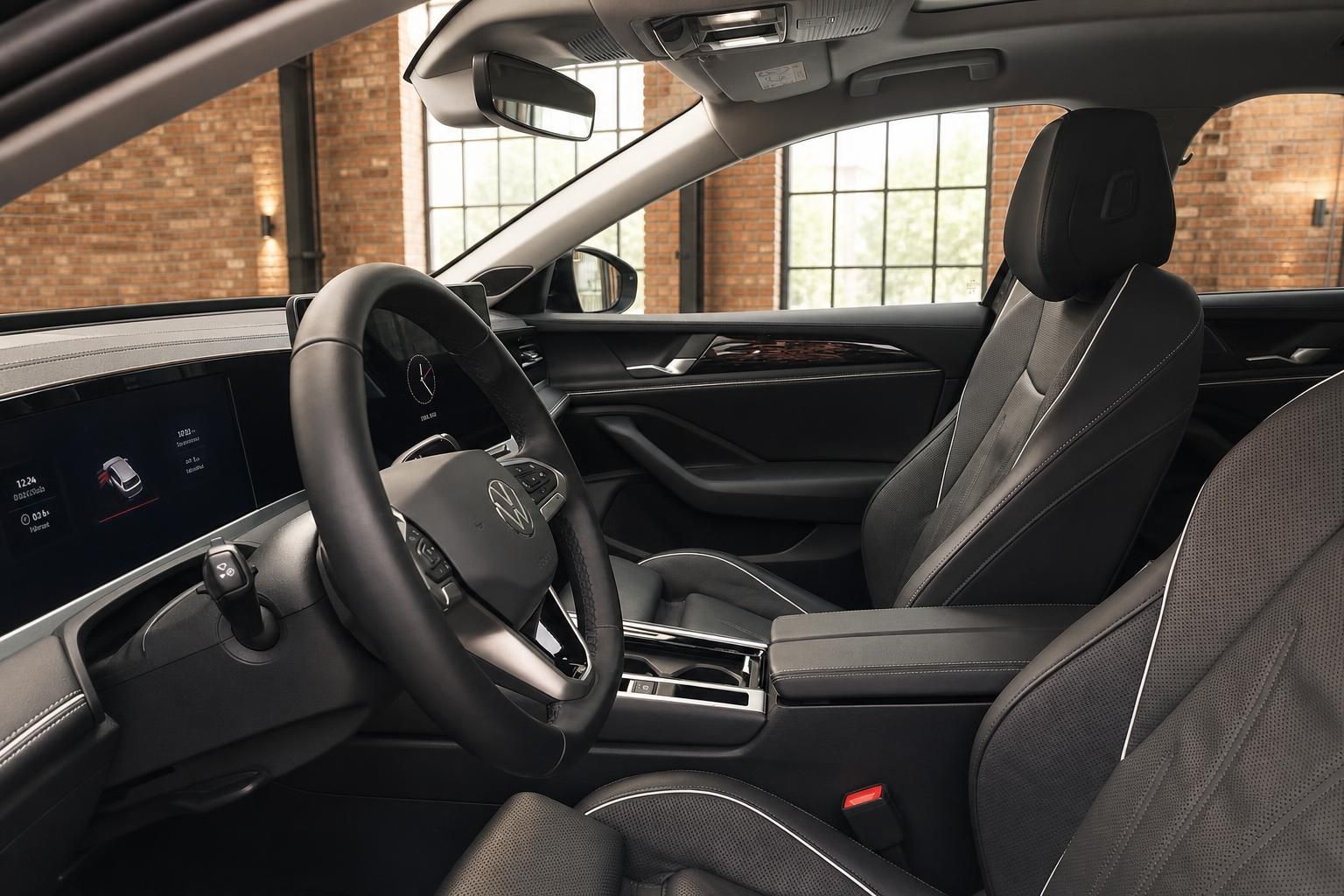 VW Passat Innenraum: Cockpit mit Lenkrad und Sportsitzen in Schwarz
