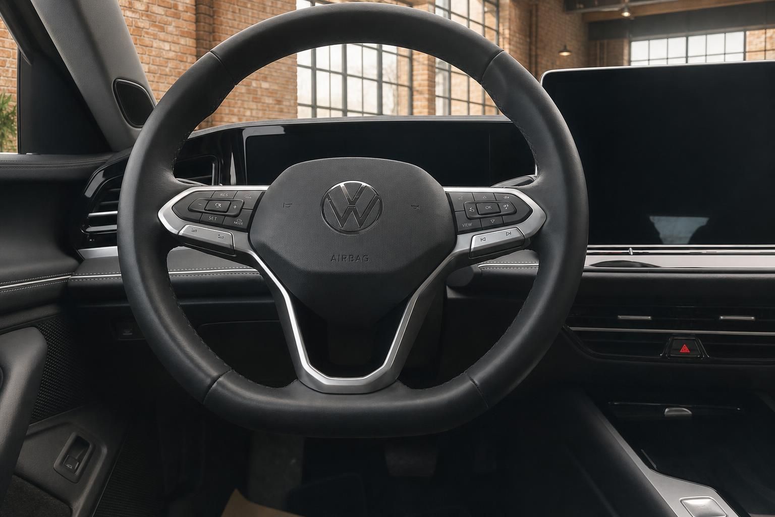 VW Passat Lenkrad Nahaufnahme mit Multifunktionstasten und Logo