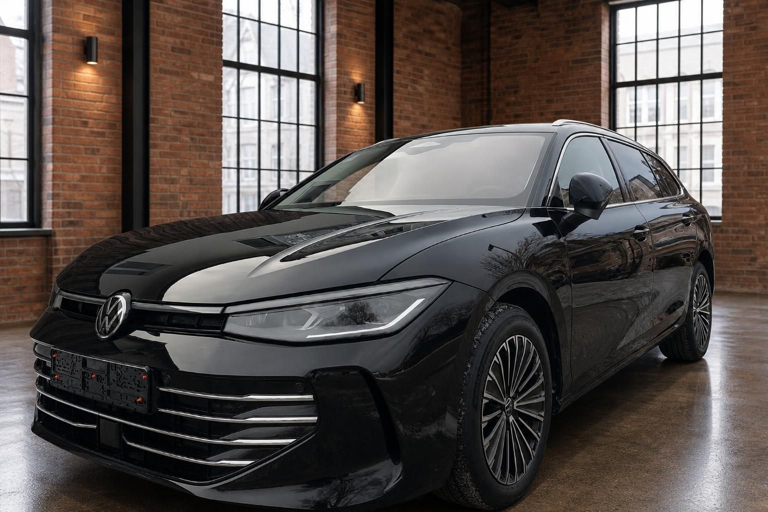 VW Passat Variant schwarz Frontansicht in historischer Industriehalle