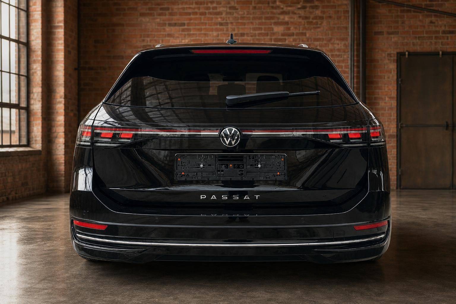 VW Passat schwarz direkte Heckansicht mit Kofferraumklappe