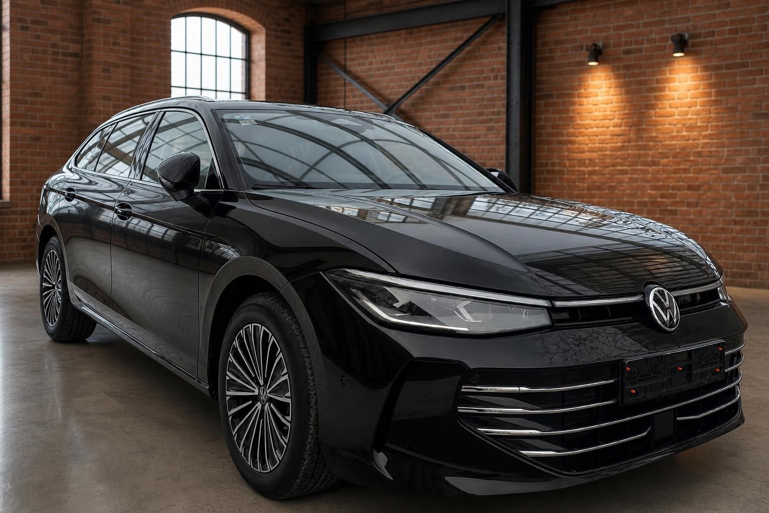 VW Limousine schwarz Frontansicht seitlich in Industriehalle