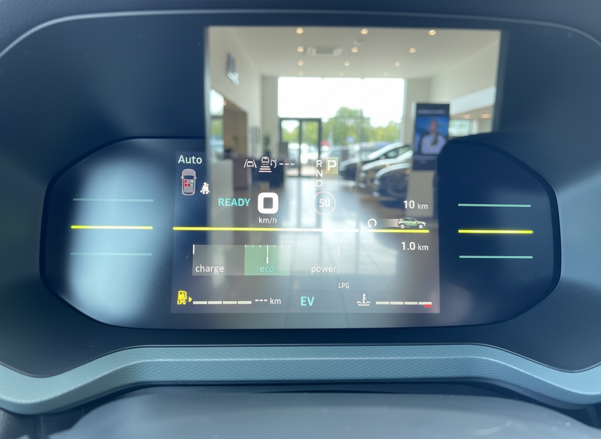 Digitales Armaturenbrett eines Elektro-Hybridfahrzeugs mit Eco-Modus und EV-Anzeige im Autohaus
