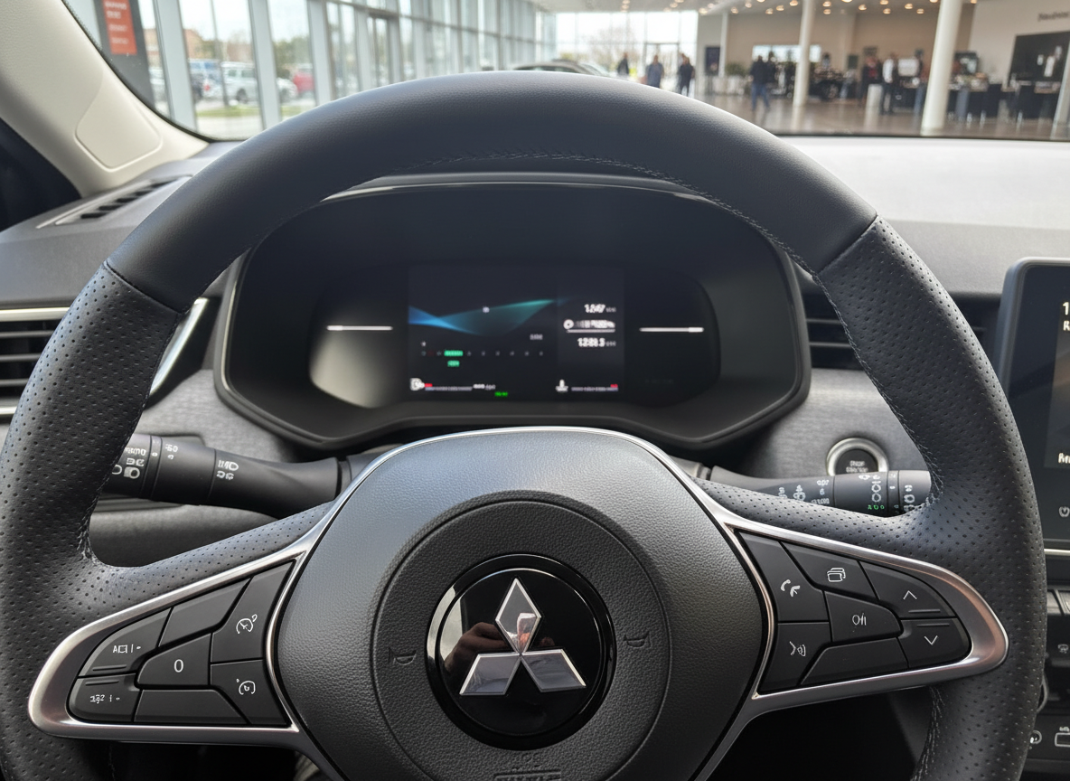 Mitsubishi Innenraum mit Lenkrad und digitalem Kombiinstrument im Autohaus