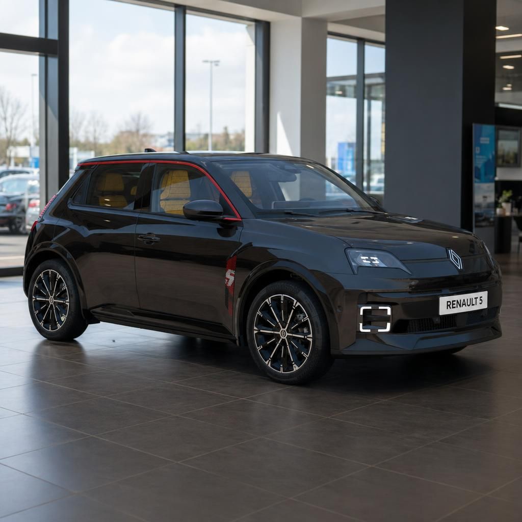 Renault 5 E-Tech in schwarz mit roten Akzenten, Dreiviertel-Frontansicht im Showroom