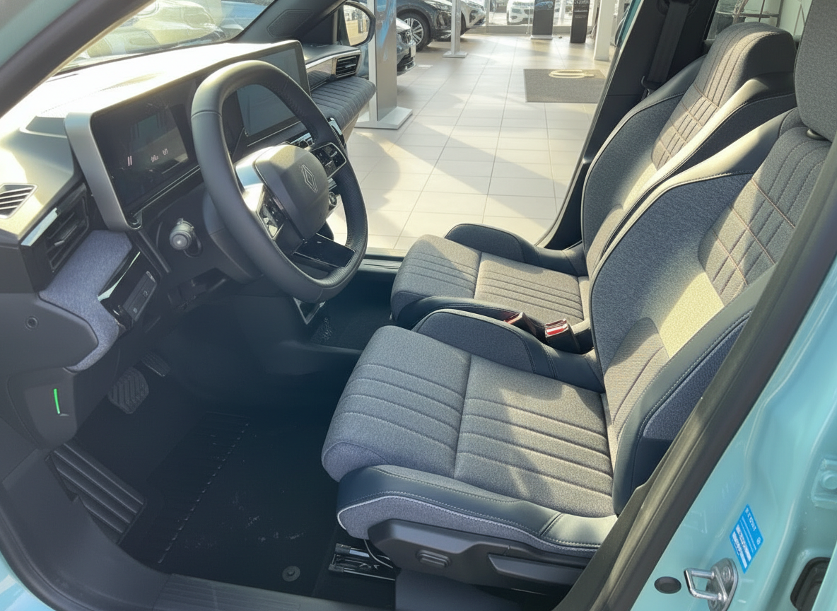 Renault Innenraum mit Stoffsitzen und digitalem Cockpit in hellblauem Fahrzeug im Autohaus