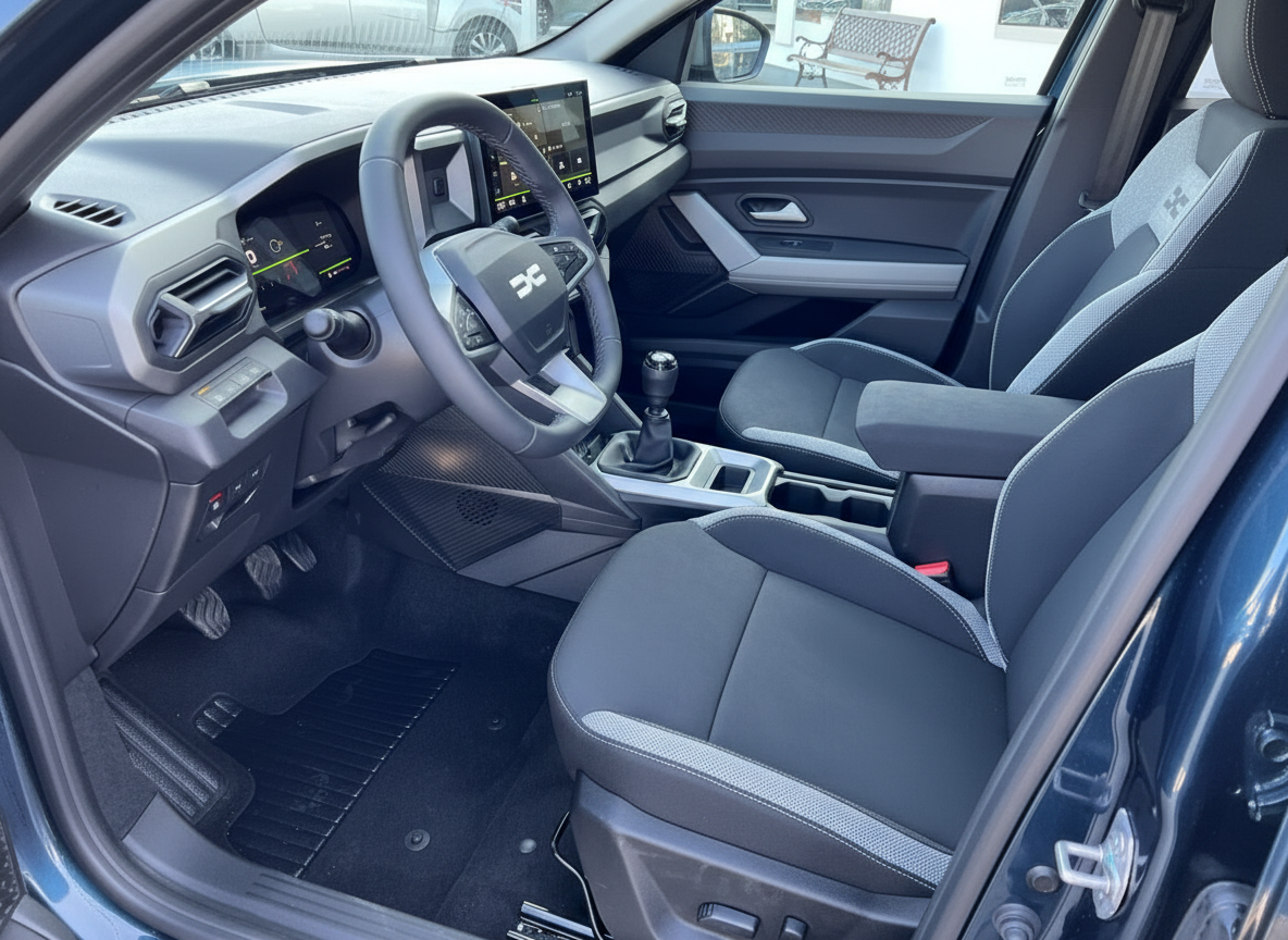 Dacia Innenraum mit Lenkrad, Infotainment-Display und Schalthebel – moderne Cockpit-Ansicht