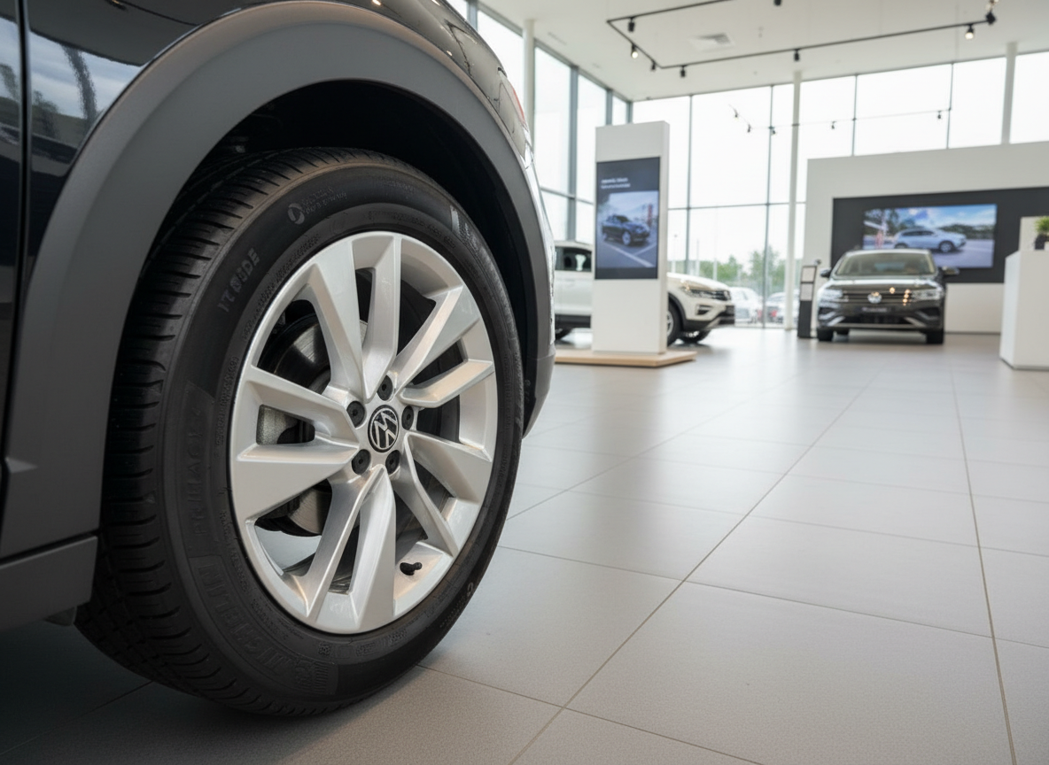 Volkswagen Fahrzeug Felge Nahaufnahme im VW Autohaus Showroom mit weiteren Modellen im Hintergrund