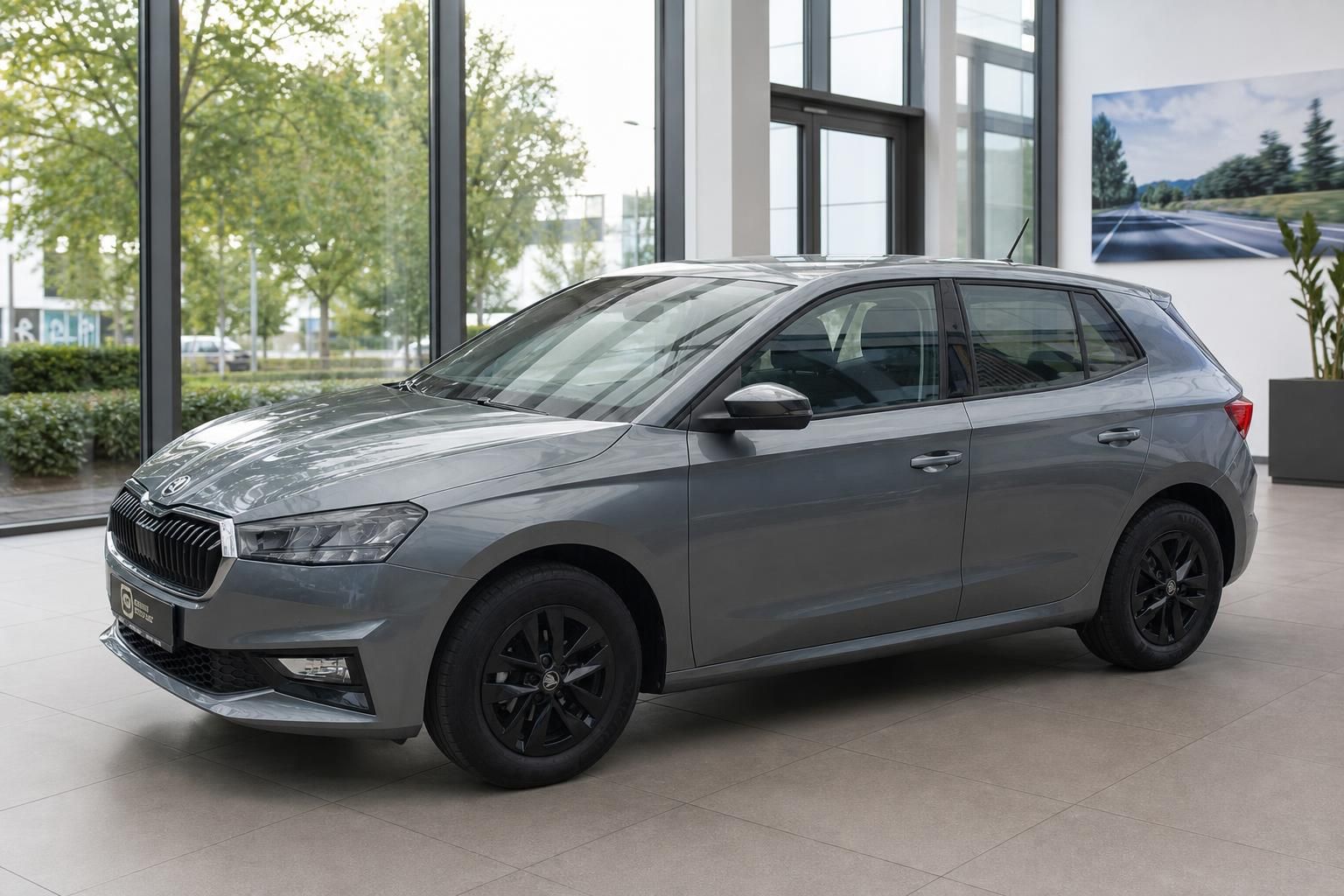 Škoda Fabia grau Seitenansicht schräg vorne im Autohaus