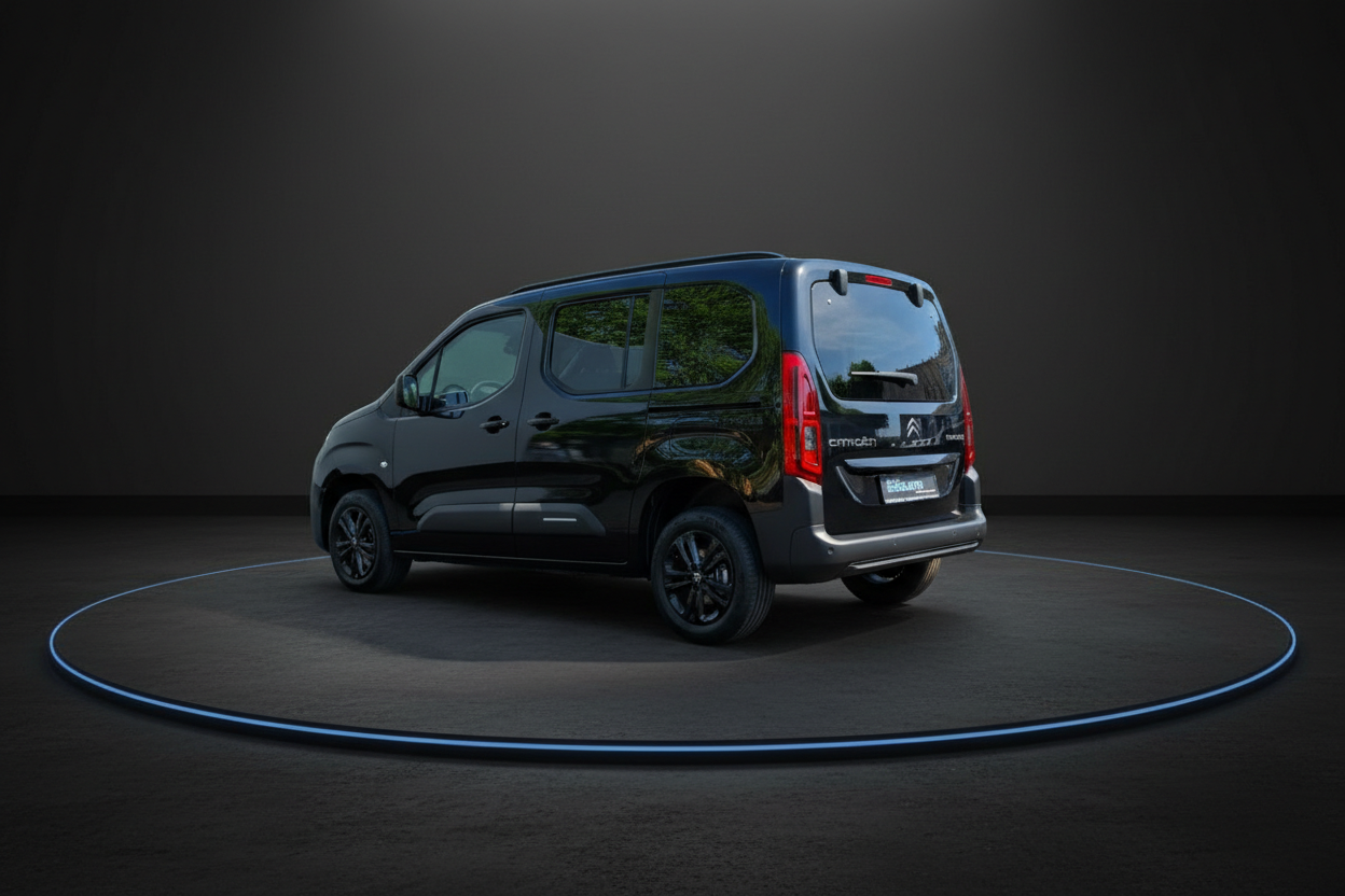 Citroën Berlingo Traveller in Schwarz, Heckansicht schräg, schwarze Felgen, Studiofoto