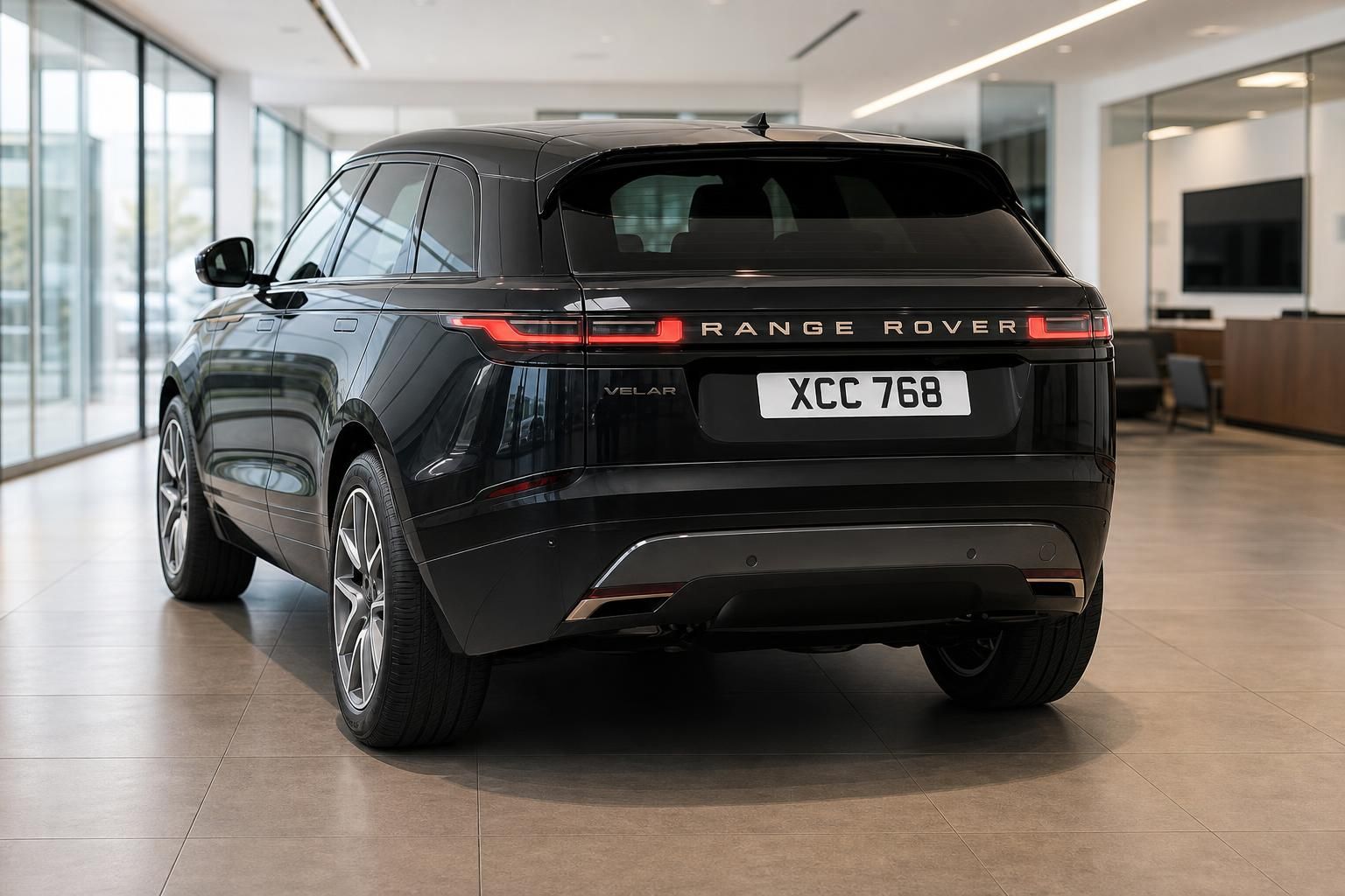 Range Rover Velar schwarz Heckansicht im Autohaus Showroom