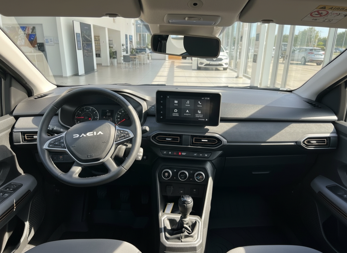 Dacia Innenraum mit Lenkrad, Infotainment-Display und Schaltgetriebe – modernes Cockpit