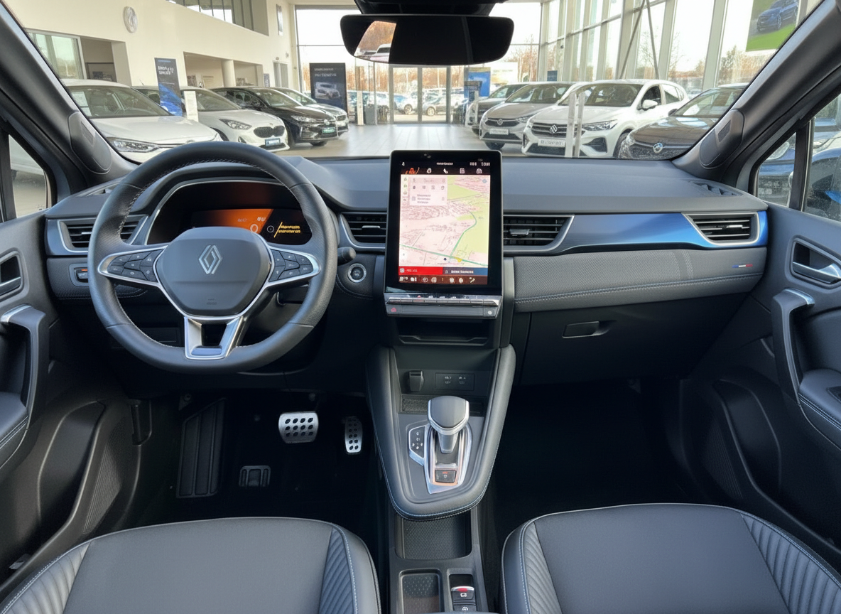 Renault Innenraum mit Lenkrad, großem Touchscreen-Navigationssystem und Ledersitzen in grau