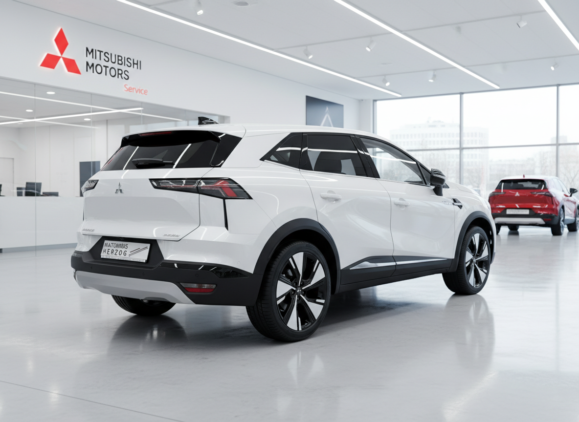 Mitsubishi Eclipse Cross Plug-in Hybrid in Weiß, Heckansicht im Autohaus