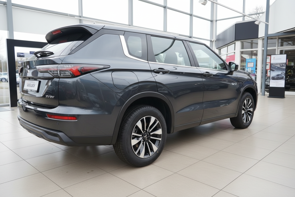 Mitsubishi Outlander PHEV grau Heckansicht im Autohaus Showroom
