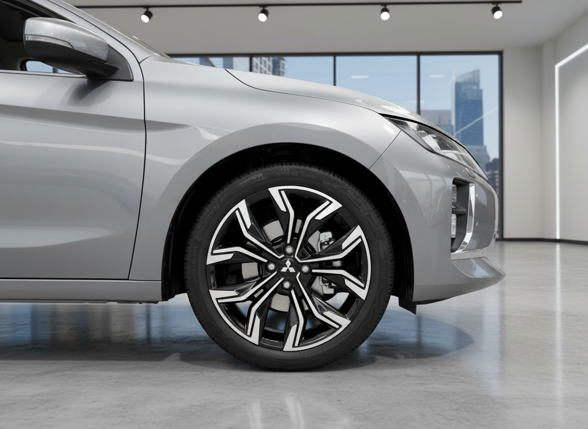 Mitsubishi Colt grau Frontansicht mit Alufelgen im Autohaus Showroom