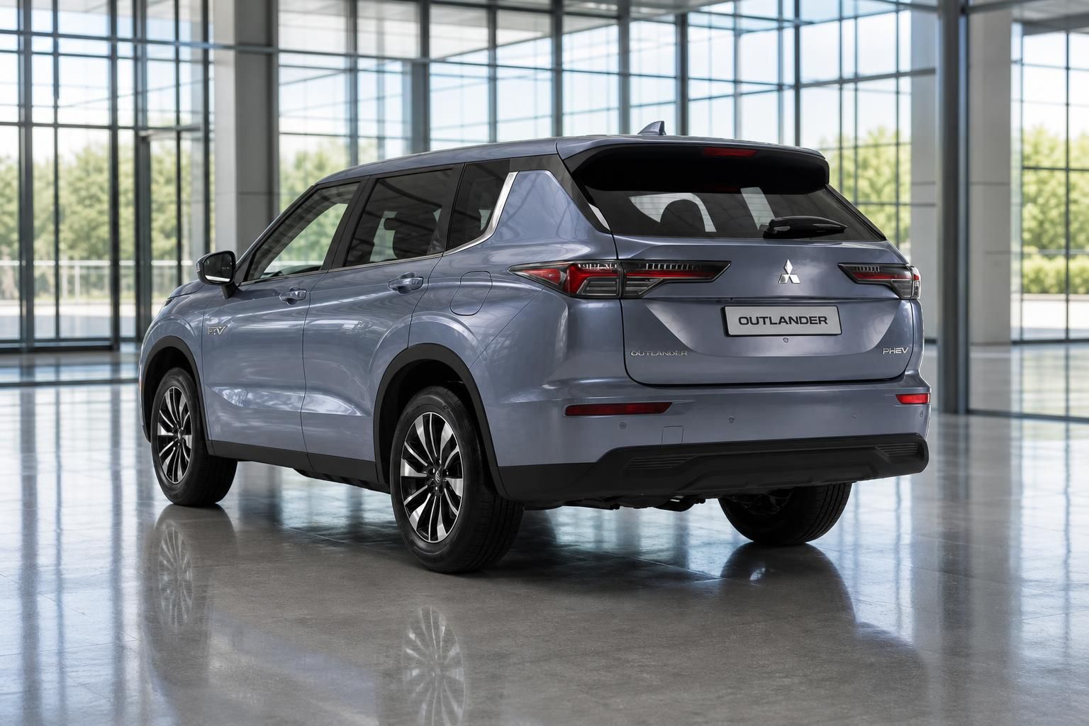Mitsubishi Outlander PHEV Heckansicht mit Kennzeichenhalter im Ausstellungsraum