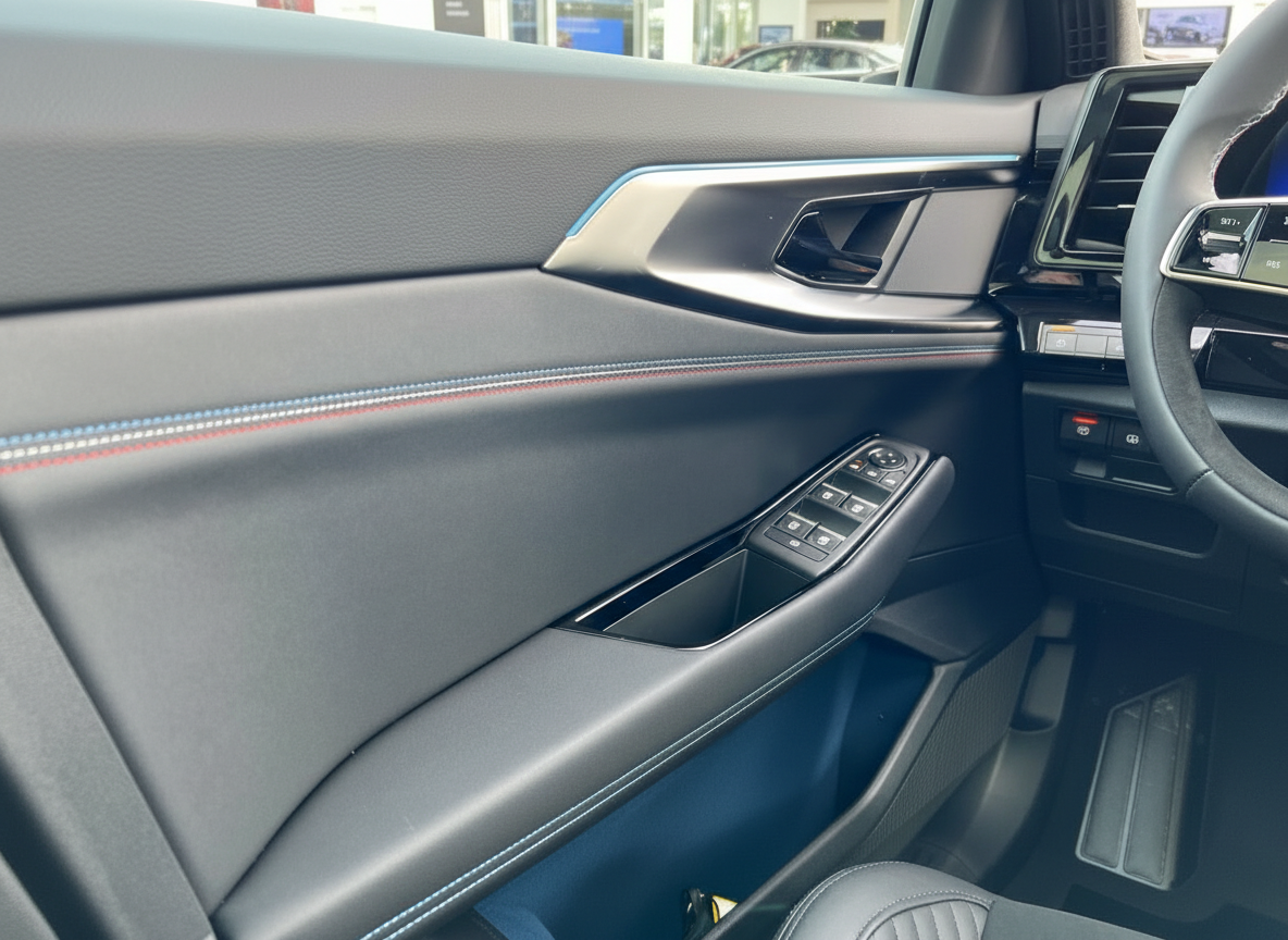 Fahrzeug Innenraum Fahrertür mit Fensterheber-Schalter und schwarzem Leder-Türverkleidung