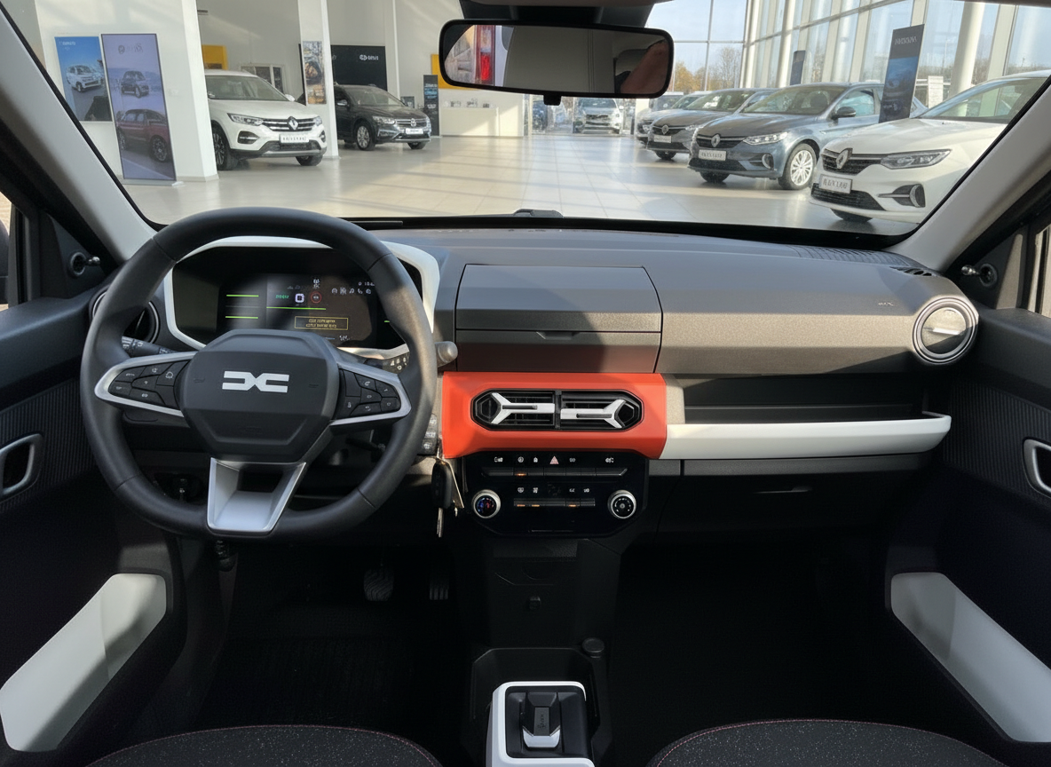 Dacia Spring Innenraum Cockpit mit digitalem Tacho, Lenkrad und orangefarbenem Designelement im Autohaus