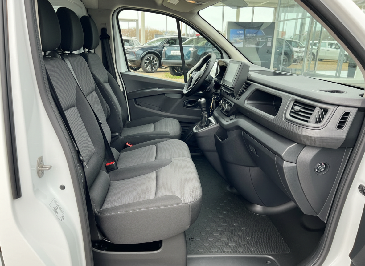 Opel Vivaro Innenraum mit grauem Stoff-Dreisitzer und modernem Touchscreen-Infotainmentsystem