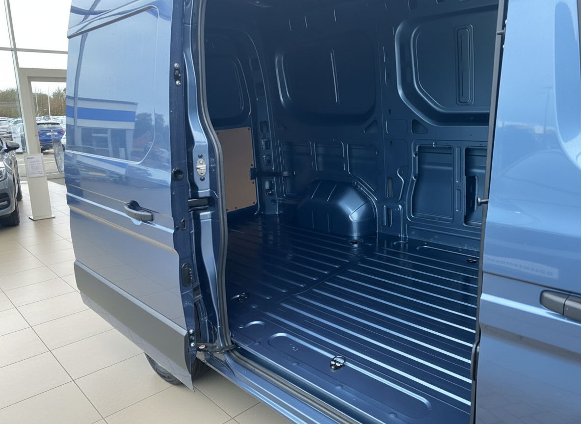 Blauer Transporter Laderaum offen – geräumiger Nutzfahrzeug-Cargo-Bereich im Autohaus