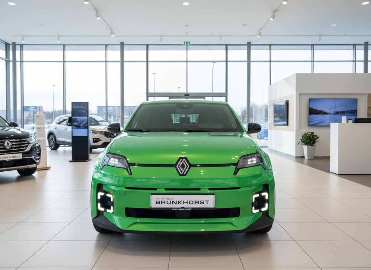 Renault 5 E-Tech Electric in Grün Frontansicht im Autohaus Brunkhorst Showroom