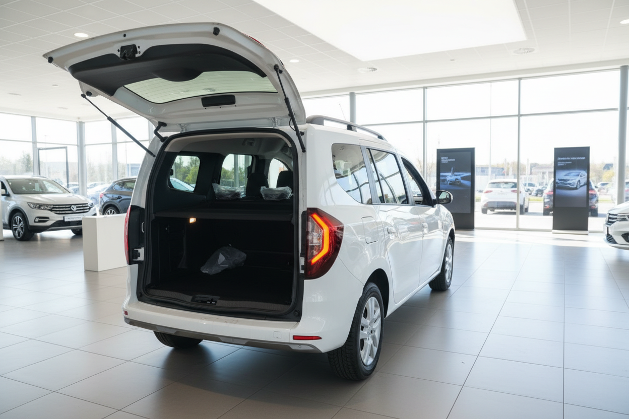 Dacia Jogger weißer Kombi mit geöffneter Heckklappe im Autohaus Showroom