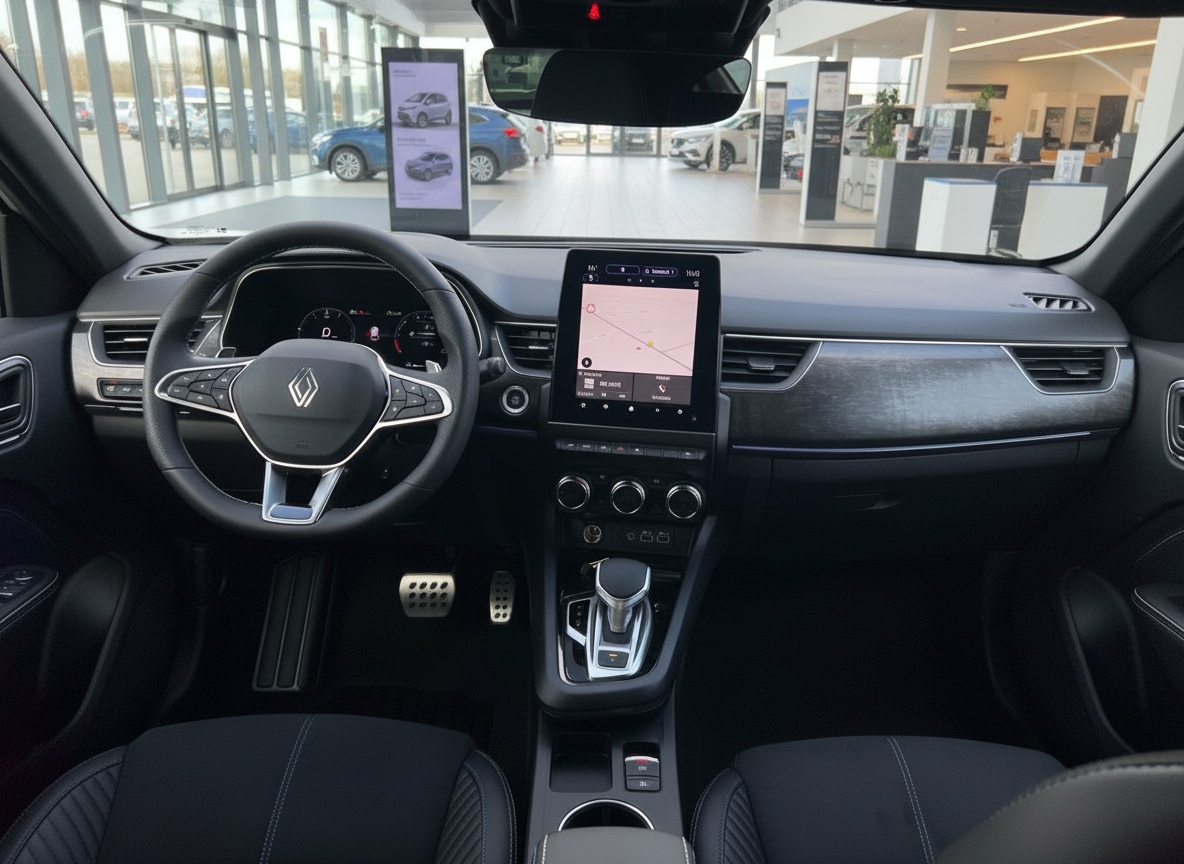 Renault Innenraum mit Multimediabildschirm, Lenkrad und Mittelkonsole im Autohaus
